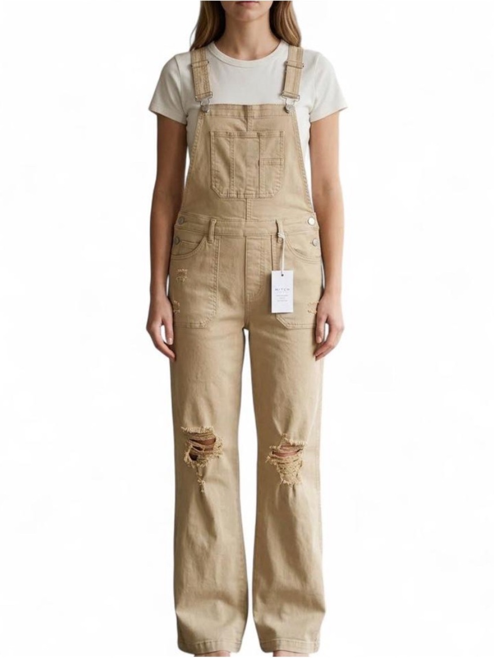 NWT Risen Distressed Wide Leg Denim Overalls Khaki XL